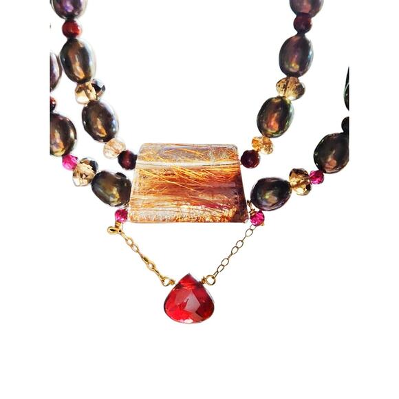 Vintage 1/20 14K Gold Filled Olive Pearls Copper Rutilated Quartz Garnet